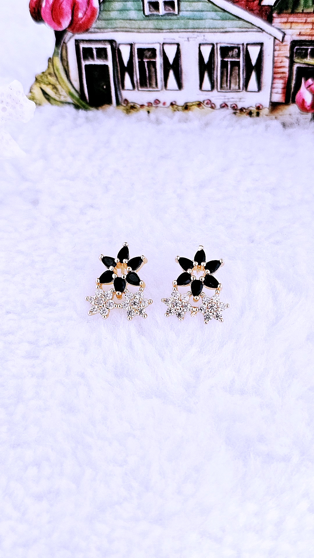 Black and Clear Cubic Zirconia Double Flower Stud Earrings - Artificial Yellow Gold